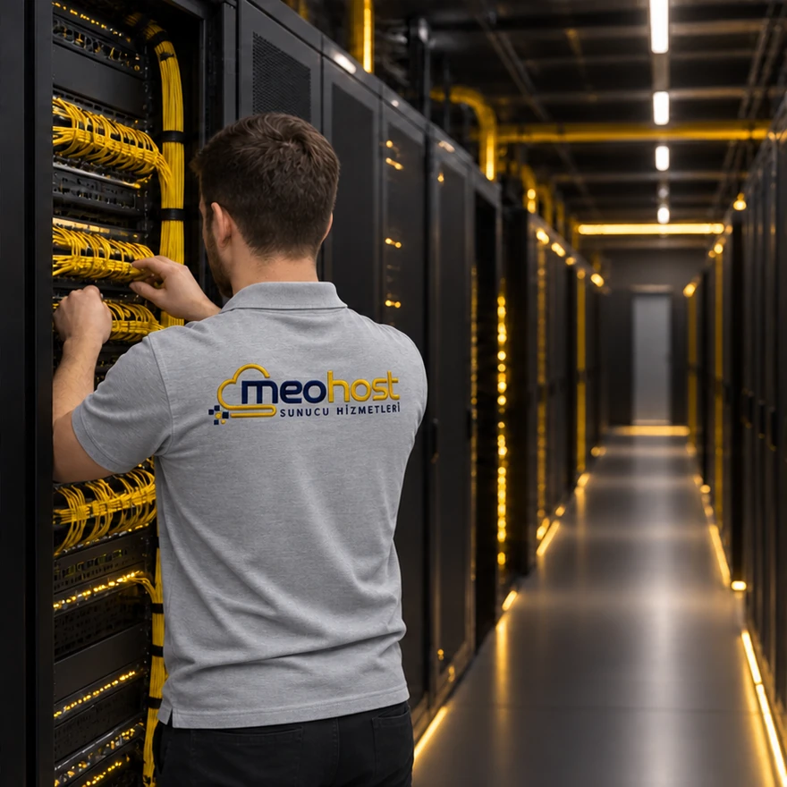 Sarı fiber bağlantıların yanında, tam MeoHost logosu kıyafetine nakışla işlenmiş uzman veri merkezinde çalışıyor