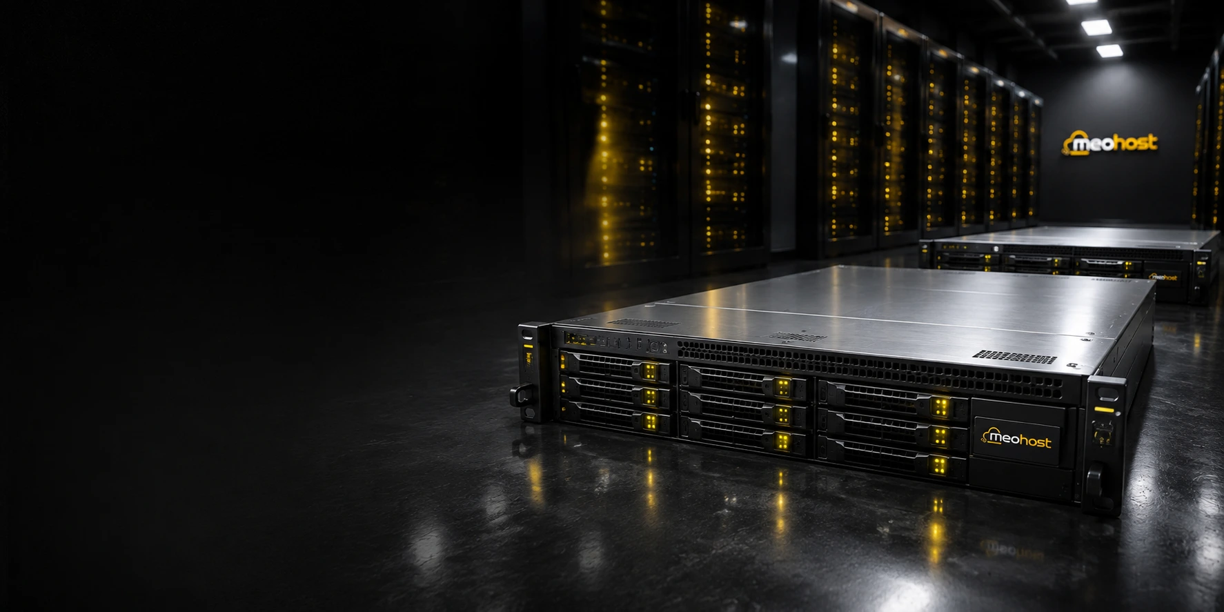 MeoHost logolu, metal kasalı ve disk yuvalı fiziksel sunucular