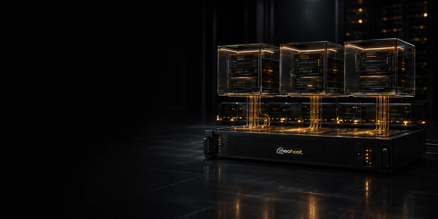 MeoHost sunucusu üzerinde sarı bağlantılarla ayrışan sanal sunucu modülleri